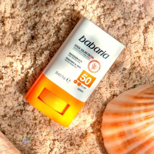 Babaria - Palito Solar Facial 50 | Alta Proteção com Aloe & Manteiga de Karité | Coral Friendly & Biodegradável | Resistente à água e ao suor | Vegan | Vara Solar para Crianças, 20g