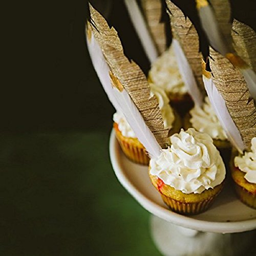 Shindel Gold Dipped Feathers, Natural Feathers Natural Pure White Gold Dipped Feathers for Craft Table Centerpiece Cupcake Decor Baby Shower Decorations, 60 PCS