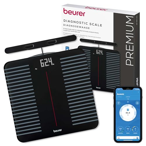 Beurer BF 990 Körperfettwaage mit Handsensoren, Digitale Personenwaage mit App-Anbindung via WIFI/Bluetooth, 25 Messwerte, Überkreuzmessung mit 8 Elektroden, Datenübertragung zu Apple Health & co.