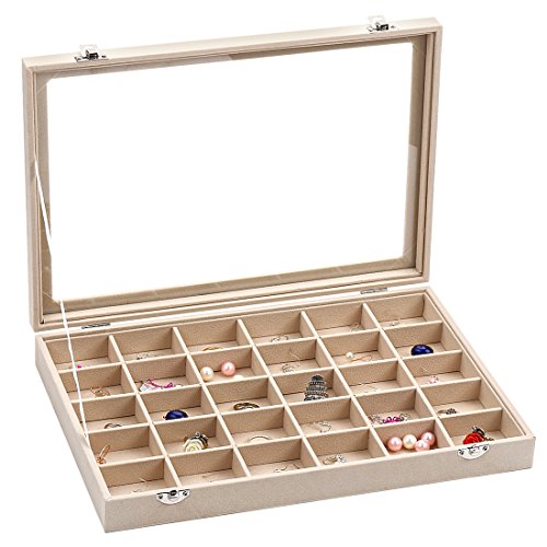 Ivosmart Velvet Glass Jewellery Ring Display Organiser Box Tray Holder Jewellery Earrings Storage Case