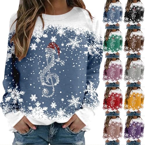Ladies Funny Christmas Jumpers, Long Sleeve Crewneck Pullover Holiday Tops Casual Loose Fit Snow Graphic Tunic Shirts for Winter