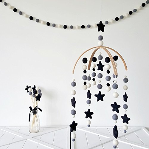 Tik Tak Design Co. Baby Crib Mobile - 100% NZ Wool Colored Felt Ball Mobile for Your Boy or Girl Babies Bed Room - Designer Colors to Match Your Nursery and Delight Your Child (Monochrome)
