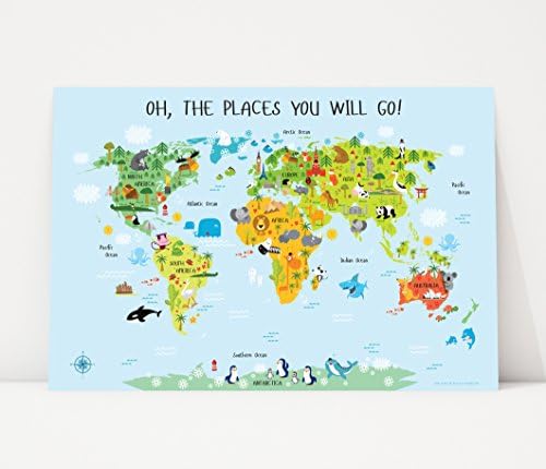 World Map for Toddlers, Poster, Nursery Decor, Gifts for Toddlers, Oh, The Places You Will Go, Gifts for Toddlers, Playroom Decor, Modern Nursery, Nursery Décor Animals (36"W x 24"H, Blue)