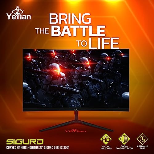 YEYIAN Sigurd 3001 27” Curved PC Gaming Frameless LED Multistand Monitor, 1080P HD, 165Hz, 1ms, 3000:1, 16:9, 178°, 16.7M Colors, G-Sync, FreeSync, DP/DVI/HDMI, Speaker, Tilt/Height/Pivot Adjustable