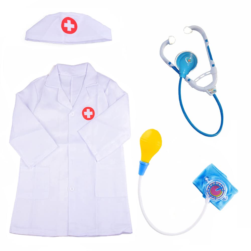 ZJstyle 4 Pcs Kids Doctors Costume Unisex Doctor Fancy Dress Set with Doctor Outfit, Stethoscope, Doctors Roleplay Costume Kids Pretend Role Play Dress Up Sets for 3-6 Years Boys and Girls (White)