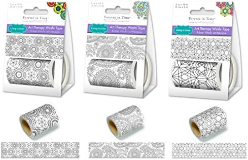 Value Pack of 3 - Living In Color Paper Craft Washi Tape (2in x 3m each) Washi Tape Art Therapy - Unique Adult Coloring Masking Tape- Circular Abstract, Paisley, Geometric Abstract.