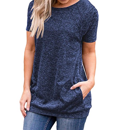 Click Here to See More Images NREALY Women Casual Short Sleeve Round Neck Pockets Tunics Loose T Shirt Blouses Tops(Navy ,Medium)