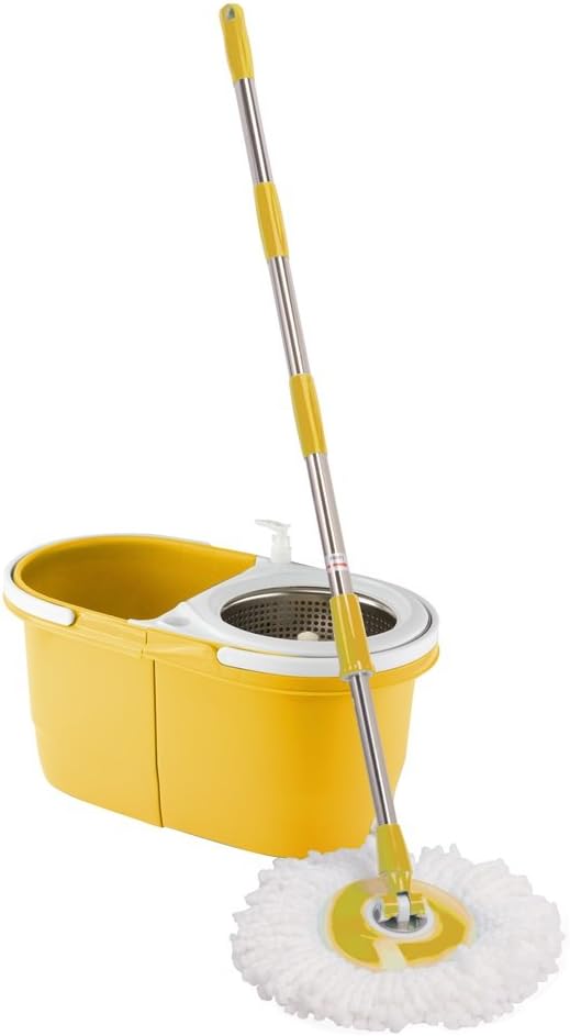 Yellow Easy Clean Spin Mop Dual Bucket Set with 2 Heads Stainless Steel