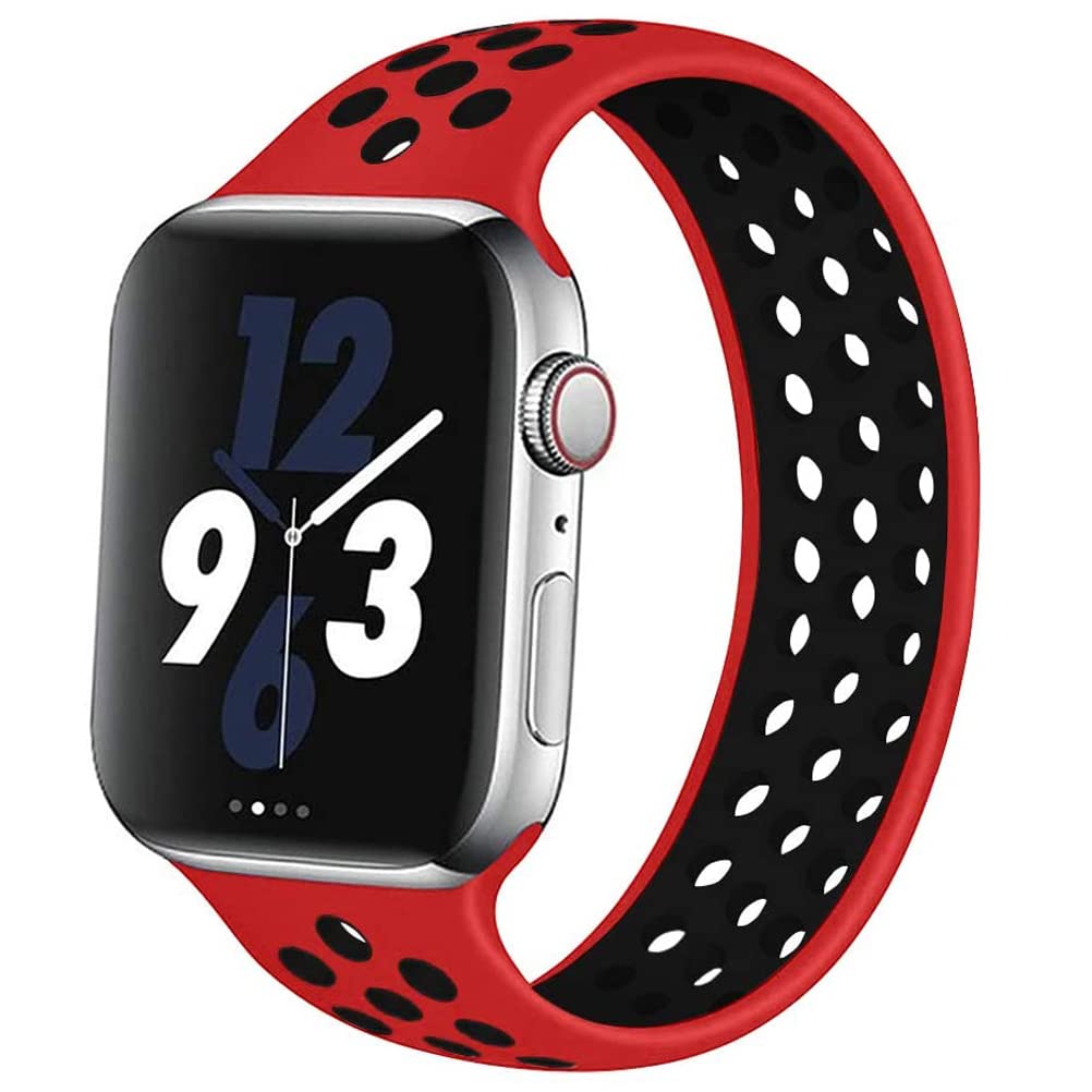 Silicone Solo Loop Strap Compatible with Apple Watch Straps 38mm 40mm 41mm 42mm 44mm 45mm, Breathable Elastic Sport Band for iWatch Series 8 7 6 5 4 3 2 SE, Red black 38/40/41MM-L