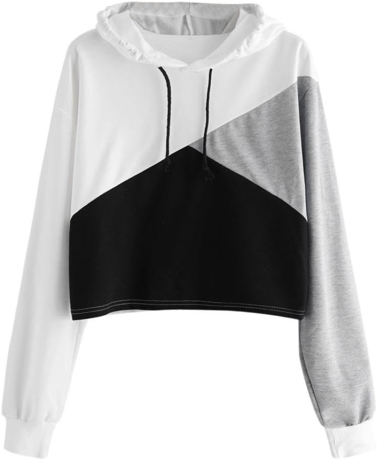 Cropped Hoodie, Women Teen Girl Fashion Color Block Long Sleeve Hooded Crop Tops Sweatshirt Loose Pullover Shirts