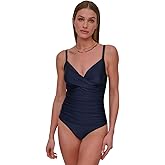 DKNY Womens Surplice Ruched Spaghetti Strap One Piece Swimsuit with Tummy Control