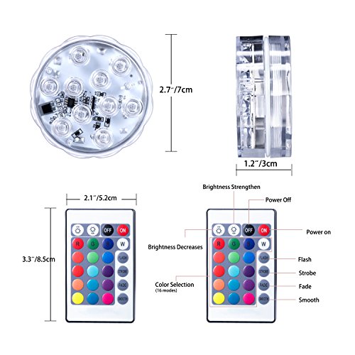 Submersible LED Lights, AnSaw IR Remote Controlled RGB Changing IP68 Waterproof Lights for Aquarium Vase Base Pond Swimming Pool Garden Party Weeding (3 Packs, 10-LED, RGB)