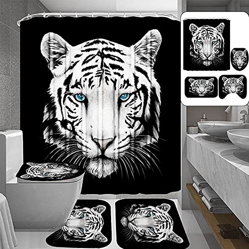 4 Pcs White Tiger Shower Curtain Sets with Non-Slip Rug, Bathroom Decor Sets Shower Curtain Toilet Mat Lid with 12 Hooks,Bathroom Sets with Shower Curtain and Rugs and Accessories,71\