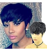 Rofa Human Hair Short Wigs Pixie Cut Wigs with Bangs for Women Short Black Layered Wavy Human Hai...
