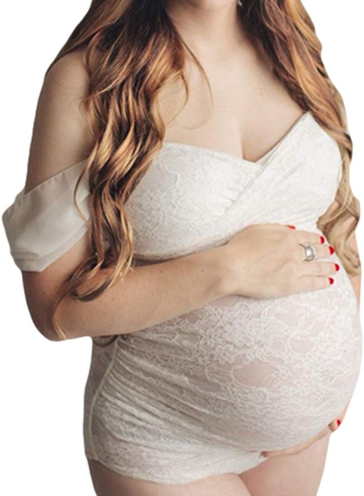 Maternity Floral Lace Bodysuit Photography Clothing Off Shoulder Short Sleeve Playsuit Summer Elegant Bathing Suit Solid Slim Fit Leotard Pregnant Swimwear