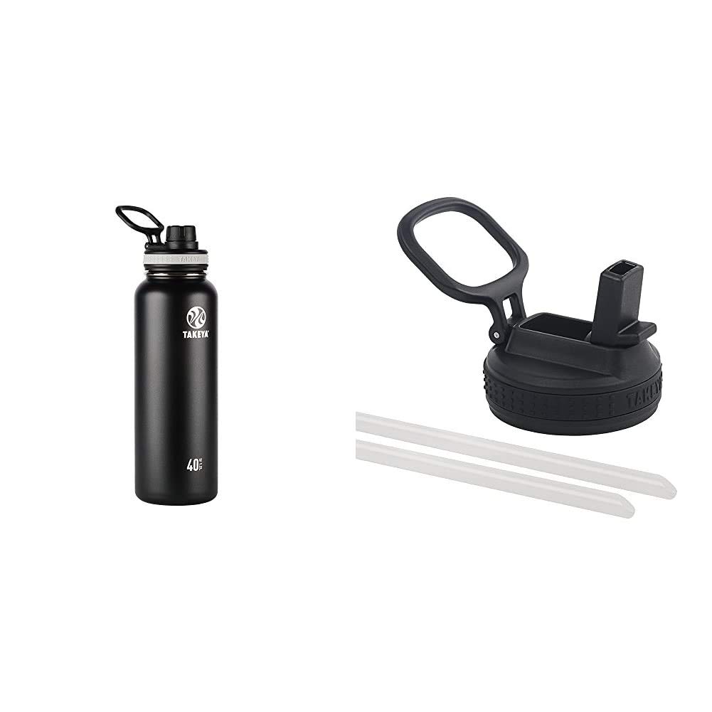 TakeyaOriginals Vacuum Insulated Stainless Steel Water Bottle, 40 Ounce, Black & Actives Straw Lid for Insulated Water Bottle, Wide Mouth, Onyx