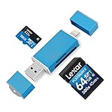 Fixget Memeory Card Reader, 3 in 1 SD/TF MICROSD Card Reader USB Adapter with Lightning, USB & Micro USB Interfaces, External Storage Memory Expansion for Android Device/Mac/PC/iPhone/iPad/iOS, Blue