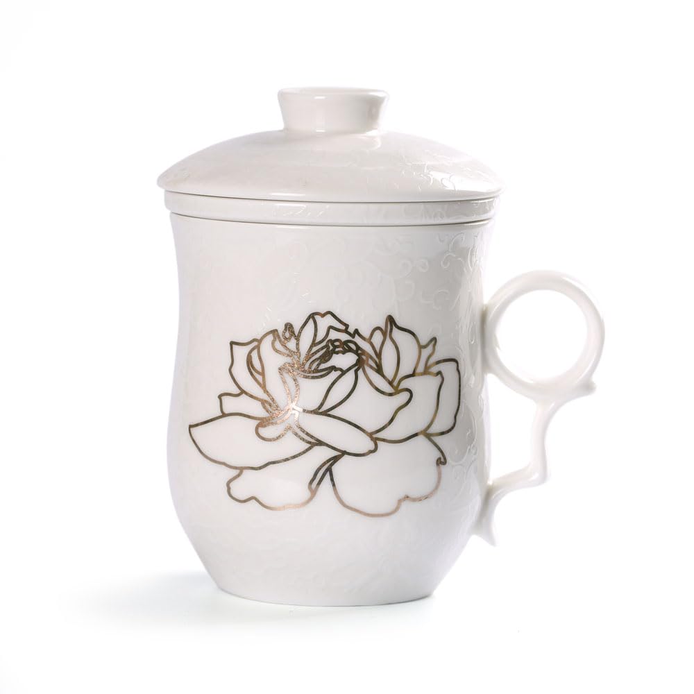 GOARTEA Porcelain Tea Infuser Mug with Lid - 300ml Ceramic Tea Cup, Handmade Peony Flower Pattern, Loose Leaf Tea Brewing Mug with Removable Filter, Microwave & Dishwasher Safe (Golden Peony)
