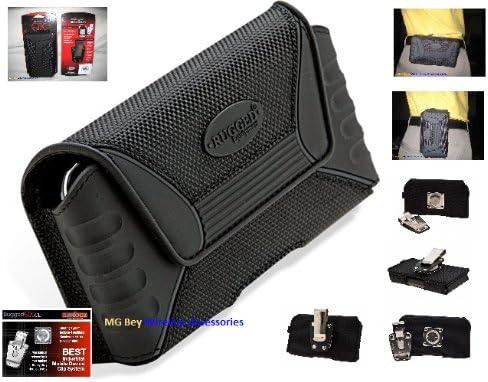 Rugged QX XX-Large Heavy Duty Horizontal/Vertical Black Holster Pouch W/Detachable Swivel Quad Lock Metal Steel Belt Clip for Samsung Galaxy J1