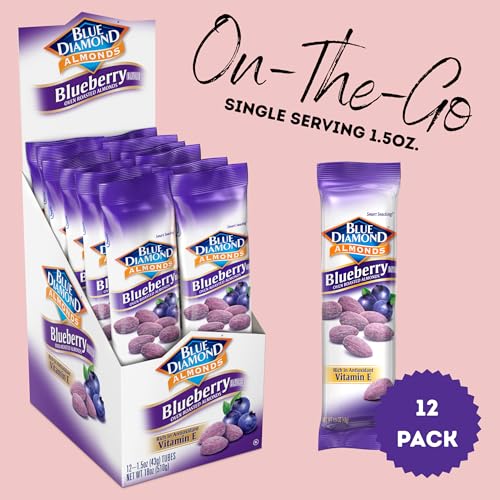 BLUE DIAMOND ALMONDS, BLUEBERRY FLAVORED SNACK NUTS, SINGLE SERVE BAGS (1.5 OZ. TUBES, PACK OF 12)