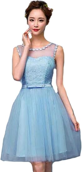 Amazon Kimberley ワンピース ノースリーブ ミニ 水色 オーガンジー レース シールスー フレア ドレス 青 ブライズメイド ウェディング ワンピース チュニック 通販