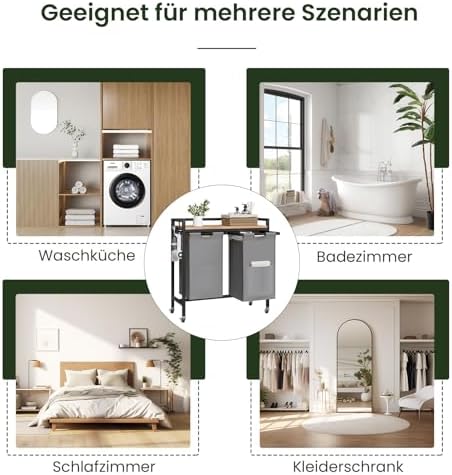 Wäschekorb 2 Fächer, jedes 40 L, Wäschesammler ausziehbar abnehmbar, Oxford-Stoff-Wäschesack, Wäschewagen mit Rollen Ablage, Haken, Metallrahmen, Schlafzimmer Waschküche, 70x71x30 cm