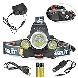 Boruit LED 5000 Lumens Super Bright Headlamp 4 Modes 3x XM-L2 T6 -USB Output- with Rechargeable Batteries ,Wall & Car Charger ,USB Charging Cable for Camping,Hiking,Reading,Bike,Hunting&Fishing