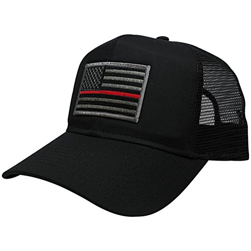 USA American Flag Patch Snapback Trucker Mesh Cap - Black (One Size, Thin Red Line)