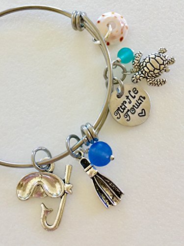 Snorkel Bangle, Scuba Diving Bracelet, Snorkeling Bangle, Hand Stamped "Turtle Town", Sea Turtle Charm Bracelet, Sea Glass, Hawaiian Puka Shell, Skin Diving, Turtle Lover, Scuba Diver Gift.