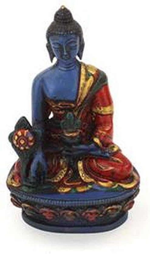 Medicine Buddha in an Indigo Blue Resin with Coloured Robes;10cms Tall;This is a Detailed Hand Painted Buddha of Healing Statue