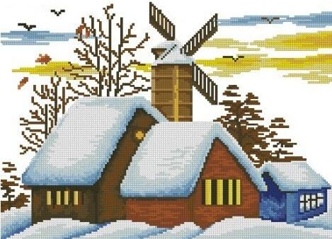 Qihu's 5d Crystal Diamond Painting DIY Counted Paint By Number Kits, Cabin House in Snow