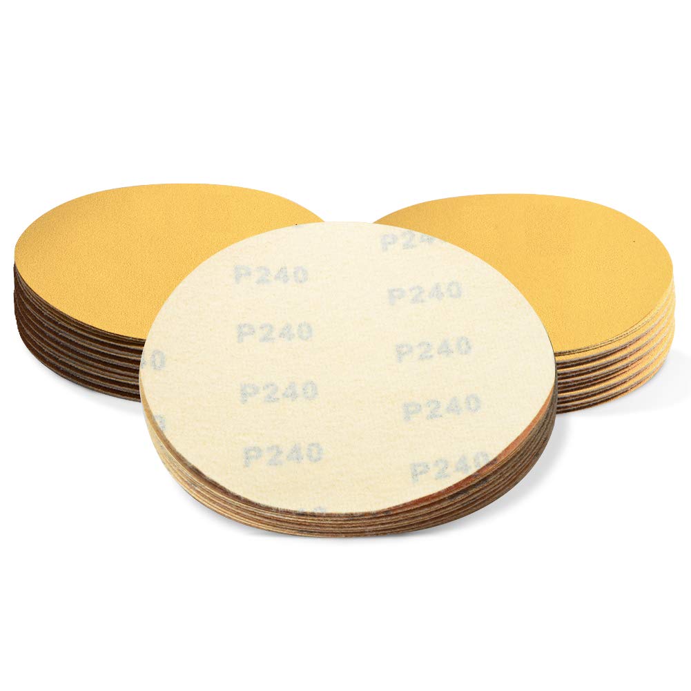 SPEEDWOX 50 Pcs 6 Inches Sanding Discs 240 Grit Dustless Hook and Loop Sandpaper for Random Orbital Sander Yellow Finishing Discs for Automotive Woodworking