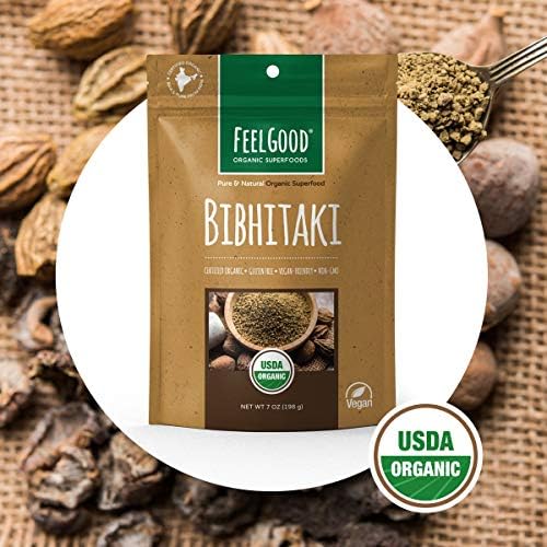 FEEL GOOD Premium Organic Bibhitaki Powder Superfood (7 oz) USDA Certified, Gluten Free, Non-GOM & Vegan Friendly - Helps With Asthma, Constipation, Headache, Cold and Cough