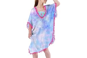 Funnycokid Girls Swimsuit Cover Ups Kids Beach Bathing Suit Coverup Swim Cover Wraps with Pom Pom Trim 3-12 Years