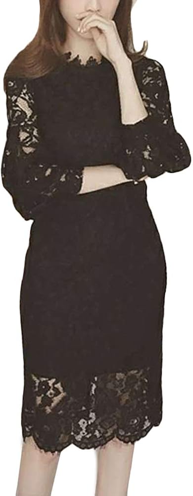 Sibky ワンピース 総 レース タイト 膝丈 エレガント 長袖 シースルー 花柄 パーティー フォーマル 黒 白 ドレス M ブラック パーティードレス 通販 Amazon