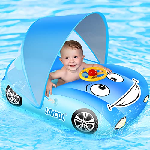 LAYCOL Baby Pool Float with UPF50+ Adjustable Canopy，Car Shaped Baby Swimming Float，Infant Baby
