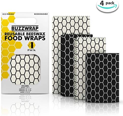 BUZZWRAP Premium Beeswax Food Storage Wraps, 4-Pack, Modern Design, Eco-Friendly, Reusable, Sustainable, Biodegradable, Non Toxic and Plastic Free. (4-Pack)