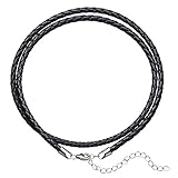 Wellme Black Braided Genuine Leather Necklace 3MM 45CM Cord with 1'' Sterling Silver Extender Chain