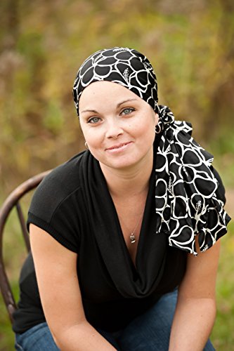 The beaubeau® Real Silk Head Scarf Chic and Comfortable, Gorgeous Black with White Blooms Pre-Tied Chemo Hat, Beanie, Turban or Tichel, Headwear Specially Designed for Women with Cancer or Alopecia - Thumbnail 2