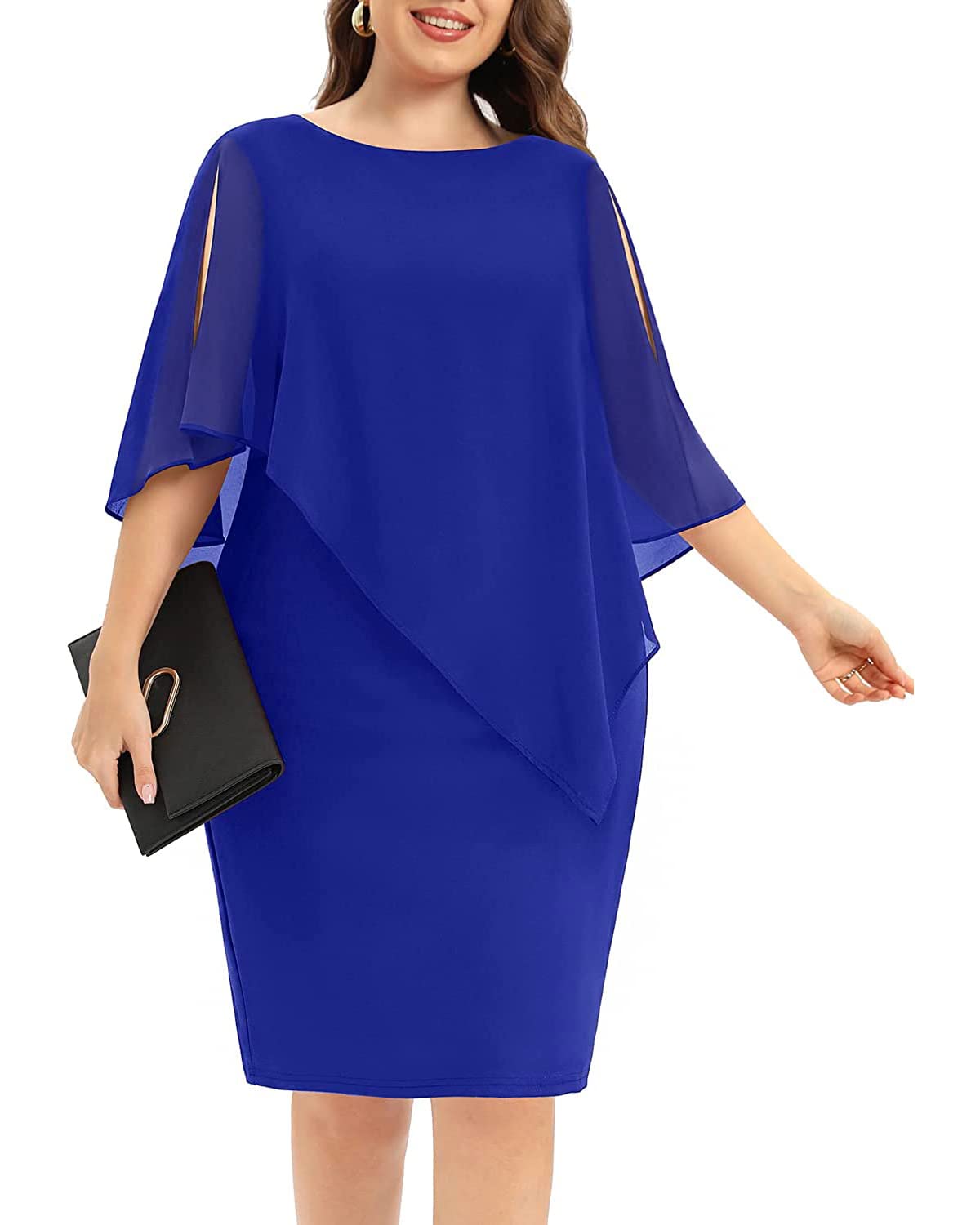 Photo 1 of 18w Plus Size Royal Blue Dresses Cocktail Wedding Guest Chiffon Elegant Party Semi Formal Bodycon Midi Cape Dressolder Women