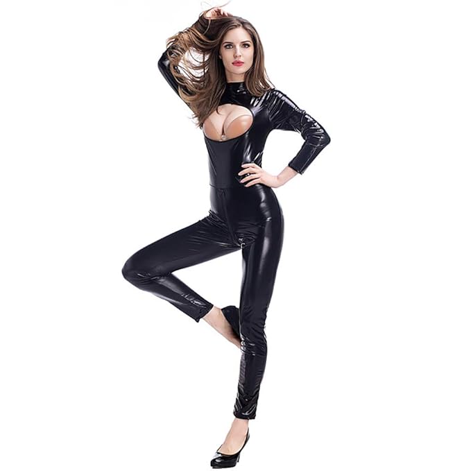 WAHHY Schwarzer Spaß Imitation Leder Sexy Dew Jumpsuit Lack Lederanzug Europa Und Amerika Game Bekleidungs Club Service Stage