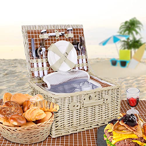 Willow Picnic Basket Set for 4 Person Wicker Hamper Sets with Picnic Blankets, Picnic Cutlery