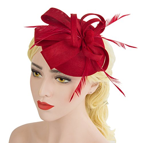 Acecharming Fascinators for Women, Feather Sinamay Fascinators with Headbands Tea Party Pillbox Hat Flower Derby Hats(Red-03)