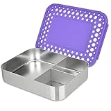 LunchBots Large Trio Stainless Steel Lunch Container -Three Section Design for Sandwich and Two Sides - Metal Bento Lunch Box for Kids or Adults - Eco-Friendly - Stainless Lid - Purple Dots