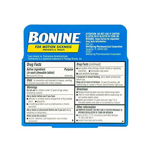 Bonine Chewable for Motion Sickness Relief with Meclizine HCL 25mg, A