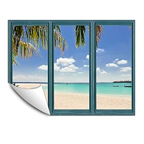 Wall Murals for Bedroom Fake Window Beach Blue Window Removable Wallpaper Peel and Stick Wall Stickers - 24x32 inches