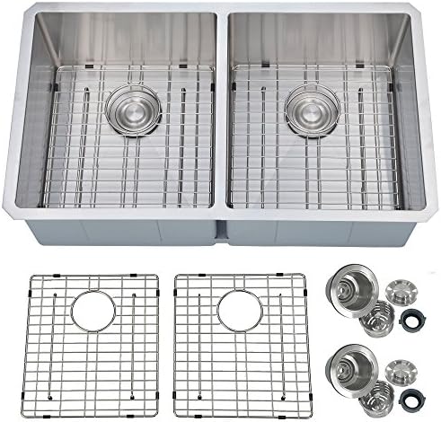 PRIMART 33 x 19 Inch 16 Gauge 50/50 Double Bowl Undermount Stainless Steel Kitchen Sinks With Bottom Grid Sink Strainer