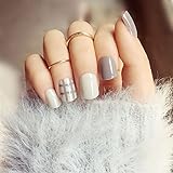 Bridalvenus Set of 24 Bridal False Nails Grey Stripe Nail Vintage Short Fake Nail Tips Nail strips with Glue and Adhesive Tab for women and girls