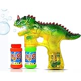 Haktoys Jurassic Dinosaur Bubble Gun Shooter Light Up Blower | Toy Bubble Blaster for Toddlers, Kids, Parties | LED Flashing Lights, Extra Refill Bottle, Sound-Free (Complimentary Batteries Included)