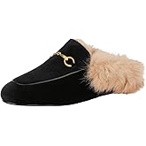 Arqa Fur Mules for Women Comfortable Leather Buckle Mule Flats Furry Padded Backless Loafers Casual Slides Shoes